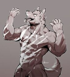 1boy abs anthro biceps big_muscles canine canyne_khai drooling male male_only mammal muscular muscular_male nude pecs penis pubes saliva solo tongue tongue_out wolf