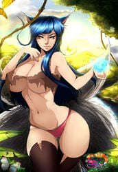 1girls absurdres ahri alternate_hair_color animal_ears blue_hair breasts brown_legwear cleavage curvy dixi-q energy_ball erect_nipples facial_mark female female_only fox_ears fox_tail huge_breasts league_of_legends looking_at_viewer lying multi_tail multiple_tails nature navel nipple_bulge nipples outdoors panties pink_panties smile sunlight tail tank_top thighhighs torn_clothes underwear whisker_markings wide_hips yellow_eyes