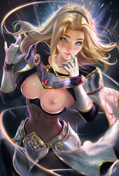 1girls areolae armor blonde blonde_hair blue_eyes blush breastless breasts breasts_out casual clothing covered_navel exposed exposed_breasts female female_only finger_to_mouth freckles gloves hairband high_resolution large_breasts league_of_legends lips long_hair looking_at_viewer luxanna_crownguard narrow_waist navel nipples no_bra nude pink_nipples sakimichan smile solo standing unconvincing_armor