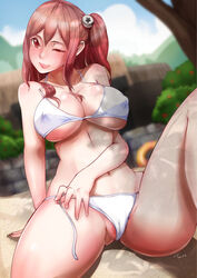 1girls abs bikini_bottom breasts cleavage dead_or_alive female female_only honoka_(doa) human large_breasts lightingsaber long_hair navel outdoor red_hair sitting solo tecmo thick_thighs tinnies wide_hips wink