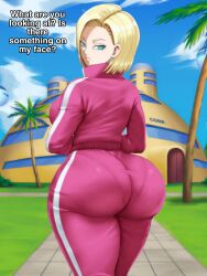 1girls 2d android_18 ass ass_focus big_ass big_breasts black_hair blonde_hair blue_eyes breasts comic dragon_ball dragon_ball_super english_text female full_color fully_clothed huge_ass large_ass large_breasts light-skinned_female light_skin male medium_hair milf no_penetration pantylines pinkpawg solo solo_female text track_suit