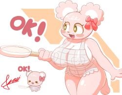 anthro apron apron_only ass bear big_breasts bow_ribbon breasts clothing curvy_figure digital_media_(artwork) facebook_stickers female fur hi_res latte_(sugar_cubs) lhacedor mammal nipple_outline pink_body pink_fur solo sugar_cubs tail