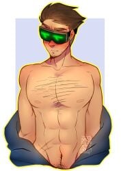 1boy abs blush eddsworld eddsworld_future exposed exposed_torso future_tom_(eddsworld) hairy_male looking_away male male_only pecs presenting smollerei_(artist) solo solo_focus spiky_hair tom_(eddsworld) visor