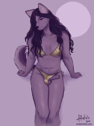 5_fingers absurd_res andyfurfulz anthro balls bikini bikini_aside black_hair breasts brown_eyes canid canine canis cass_(andyfurfulz) clothing clothing_aside collarbone colored_nails domestic_dog english_text fingers foreskin genitals gold_bikini golden_week gynomorph hair half-erect head_tilt hi_res humanoid_genitalia humanoid_penis intersex long_hair looking_at_viewer mammal nails nonbinary_(lore) penis penis_poking_out penis_tip purple_body signature simple_background sitting small_breasts smile solo spitz string_bikini swimwear swimwear_aside tail text trans_(lore) trans_woman_(lore) two-piece_swimsuit url