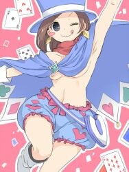 1girls armpits artist_request barely_contained_breasts blue_cape blue_eyes blush breasts brown_hair earrings female gyakuten_saiban jewelry looking_at_viewer navel panties red_scarf scarf short_hair small_breasts solo top_hat trucy_wright wink