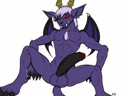 2015 abs angry balls big_penis black_penis buwaro_elexion chest_tuft claws clenched_teeth fur horn male male_only muscular necklace nude pendant penis piercing purple_fur red_eyes simple_background slightly_damned spread_legs spreading teeth tuft webcomic white_background wings yellowpower