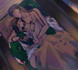 99throwaway2 abs after_sex afterglow bed bed_sheet blood_stain bracelet choi_su-bong closed_eyes cross_necklace drooling fit gay holding_each_other holding_necklace holding_partner male nam-gyu namgyu no_visible_genitalia rings smile squid_game tattoo thanos thanos_(squid_game) yaoi