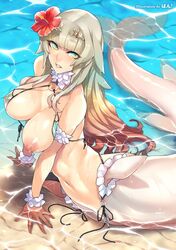 arm_garter ban bikini blonde_hair blue_eyes breast_slip breasts cleavage erect_nipples female flower flower_in_hair hair_flower hair_ornament in_water long_hair looking_at_viewer mermaid monster_girl multicolored_eyes navel nipples one_breast_out original parted_lips solo swimsuit yellow_eyes