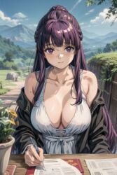 1girls ai ai_generated breasts clothed clothing female female_focus female_only fern_(sousou_no_frieren) flowers frieren_beyond_journey's_end long_hair looking_at_viewer mountain outdoors outside pencil pencil_(object) pubic_hair purple_eyes quinzo11 self_upload smile smiling smiling_at_viewer sousou_no_frieren writing