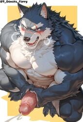 abs ai_generated anthro bara biceps big_muscles big_penis blush canid canine canis chest_tuft cum cumshot ejaculation erection fluffy fur gay grey_fur huge_muscles inner_ear_fluff male male_only masturbation muscular muscular_arms muscular_male nipples open_mouth orgasm p_donuts pecs penis scar squatting thick_penis two-handed_masturbation wolf