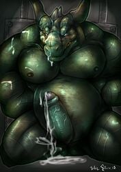 1boy 2014 anthro balls belly biceps big_belly big_muscles big_penis blush bristles chubby cum dragon erection horn male male_only musclegut muscular muscular_male nipples nude pecs penis scales scalie solo teeth thick_penis uncut vein