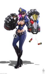 breasts breasts_out female large_breasts league_of_legends long_hair navel nipples peaked_cap pink_hair policewoman solo standing vi zeronis