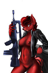 2015 anthro areola breasts clothing d-lowell equine famas fan_character female gun hair horse jacket looking_at_viewer mammal my_little_pony navel nipples nude open_jacket pony ranged_weapon red_eyes red_hair rifle smile solo weapon