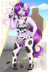 absurd_res ammo_belt animal_genitalia animal_penis animal_print anthro balls barcode bodily_fluids chest_rig clothing collar cow_print cowbell czu czupone ear_piercing ear_tag equid equine equine_genitalia equine_penis fan_character footwear genital_fluids genitals gun gun_smoke hair hand_on_hip hasbro hi_res horn legwear magazine_(gun) male mammal medial_ring my_little_pony mythological_creature mythological_equine mythology panties penis piercing pink_body precum purple_eyes purple_hair ranged_weapon shell_casings shoes smoke solo stockings target target_practice underwear unicorn weapon