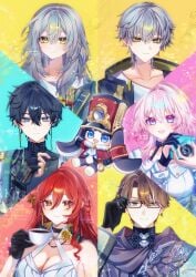 3boys 3girls absurdres black_choker black_gloves black_hair blue_eyes blue_jacket bra_strap breasts brown_eyes brown_hair caelus_(honkai:_star_rail) camera choker cleavage collarbone commentary_request dan_heng_(honkai:_star_rail) dan_heng_(hunt)_(honkai:_star_rail) female gloves green_eyes grey_hair highres himeko_(honkai:_star_rail) holding holding_camera honkai:_star_rail honkai_(series) jacket large_breasts long_hair long_sleeves looking_at_viewer male march_7th_(honkai:_star_rail) march_7th_(preservation)_(honkai:_star_rail) medium_breasts medium_hair multicolored_eyes multiple_boys multiple_girls open_mouth partially_fingerless_gloves pink_eyes pink_hair pink_pupils pom-pom_(honkai:_star_rail) red_hair shirt short_hair signature single_glove smile sorase_610 stelle_(honkai:_star_rail) trailblazer_(honkai:_star_rail) two-tone_eyes underbust watermark welt_yang white_shirt yellow_eyes