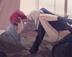2boys akabane_karma anal ansatsu_kyoushitsu assassination_classroom black_jacket black_socks blue_hair blush boy_on_top closed_eyes collared_shirt commentary_request hair_down highres holding_hands indoors jacket kissing long_hair long_sleeves male male_focus multiple_boys naked_shirt nipples on_bed open_clothes open_shirt rauri_(nanami_09) red_hair shiota_nagisa shirt short_hair socks white_shirt yaoi