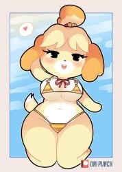 big_breasts bikini heart isabelle_(animal_crossing) onigiri_punch thick_ass thick_thighs yellow_fur