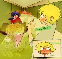 1boy1girl adrien_agreste blonde_hair blue_eyes blue_hair carafalsa embarrassed fart fart_cloud fart_everywhere fart_fetish fat_ass female male marinette_dupain-cheng miraculous_ladybug sweating upskirt