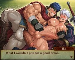 2boys ai_generated bara bara_tiddies bara_tits barazoku dialogue fire_emblem fire_emblem_awakening gay gay_sex himbotiger ike_(fire_emblem) male male/male male_only muscular muscular_male nintendo pecs robin_(fire_emblem) super_smash_bros._ultimate text