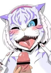 ^_^ amu_(doubutsu_sentai_zyuohger) blue_eyes blush claws closed_eyes completely_nude doubutsu_sentai_zyuohger fangs female female_focus furry furry_female masturbation nude open_mouth pulling_own_clothes sexually_suggestive short_hair smile super_sentai tiger tokusatsu tongue tongue_out ultrabuster white_background white_tiger