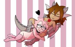 balls big_tail breasts breasts_on_head brown_hair chibi claws closed_eyes clothing collar cuddling cute dickgirl dragon duo eyewear fan_character female futa_with_female glasses hair heart horn human humanoid_penis hybrid intersex intersex/female joanna_hart legwear mammal membranous_wings nipple_piercing nipples nude penis piercing pink_hair pink_stripes red_scales reptile scales scalie silver_scales smile soulorbit stockings thigh_highs toe_claws wings