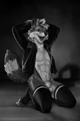 absurd_res animal_genitalia anthro black_and_white bodily_fluids canid canine canis clothing genital_fluids genitals hi_res jacket knee_highs leather leather_clothing leather_jacket leather_topwear legwear male mammal monochrome sheath solo topwear unknown_artist urine watersports wirebound_wolf wolf