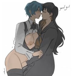 angela_(lobotomy_corporation) binah black_hair blue_hair breasts_out clothed_sex dearpupa fingering good_girl library_of_ruina long_hair mole mole_under_eye pants_down piercing project_moon short_hair tagme yuri