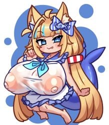 barefoot blonde_hair blue_eyes blue_highlights breasts cat_ears female ggo huge_breasts indie_virtual_youtuber sameko_saba see-through_clothing shark_tail shortstack virtual_youtuber
