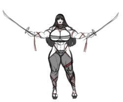 1girls black_hair breasts female franktonius holding_weapon huge_breasts long_hair muscle_mommy original_character revealing_clothes smile voluptuous_female