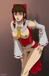 alternate_hair_length alternate_hairstyle ascot bare_shoulders bow breastless_clothes breasts brown_hair detached_sleeves female glasses hair_tubes hairbow large_breasts long_hair nesoun nipples parted_lips pubic_hair red-framed_glasses red_eyes reimu_hakurei smile solo touhou