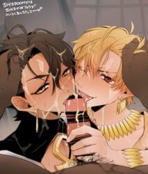3boys cum_on_face face_closeup fate/grand_order fate_(series) gay gilgamesh gilgamesh_(fate) licking_penis male male_only ozymandias_(fate) penis touching_penis yaoi
