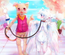 anthro balls blackeevee blue_eyes blush bottomless bridge brown_fur canine clothed clothing cute dragon duo_focus embarrassed feline flaccid fur furred_dragon group hair half-dressed lagomorph leash male mammal navel nude penis petplay rabbit red_eyes roleplay scarf shirt sky tree walking white_fur white_hair wings yaoi