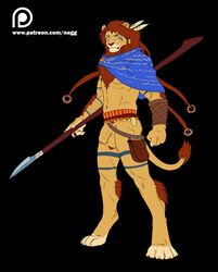 1boy anthro balls feline full-length_portrait full_length lion looking_at_viewer male male_only mammal markings melee_weapon negger nude penis polearm portrait rabji solo spear standing weapon