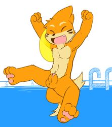 1boy 2014 3_toes 4_fingers anthro balls buizel closed_eyes edit floaty fur male male_only mammal muscular mustelid nintendo oob orange_fur pawpads paws penis pink_penis pokemon solo swimming_pool teeth toes video_games