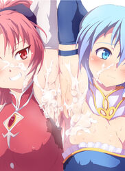 2girls armpit_focus armpits arms_up blue_hair blush bow breasts cleavage cum cum_on_armpit cum_on_upper_body elbow_gloves erect_nipples facial female female_only gloves grin hairbow large_breasts mahou_shoujo_madoka_magica miki_sayaka multiple_girls ponytail red_hair rei_oe sakura_kyouko short_hair simple_background smile soul_gem stain sweat sweat_stain tied_hair