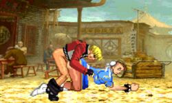 1boy 1girls alternate_breast_size angry animated asian asian_female belt bent_over big_breasts blonde_hair blue_dress bracelet breasts brown_hair brown_legwear bun_cover capcom china_dress chinese_clothes chun-li crossover defeated doggy_style double_bun fatal_fury female gloves human interracial king_of_fighters large_breasts m.u.g.e.n male mugenspriteslover pants_down pantyhose pixel_art puffy_sleeves red_jacket rock_howard snk spiked_bracelet sprite straight street_fighter torn_clothes white_male