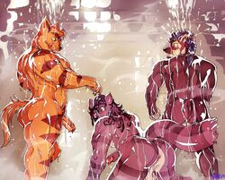 2015 abstract_background all_fours anthro anus ass back backsack badger balls biceps brown_fur brown_stripes captain_nikko chance_furlong cobaltbadger_(character) feline flaccid fluffy_tail fur group hair half-erect humanoid_penis jakethecoon_(character) male mammal muscular mustelid orange_fur penis perineum purple_fur purple_hair raccoon shower soap stripes swat_kats uncut water wet yaoi