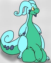 balls big_balls dragon feral goodra humanoid_penis leskarmory long_foreskin male nintendo penis pokemon pokemon_(species) simple_background slime uncut video_games