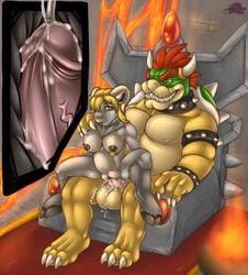 1boy 1girls big_breasts bovine bowser breasts bulge cattle deezmo female internal male mammal mario_(series) nintendo reptile scalie sitting size_difference straight super_mario_bros. throne turtle video_games