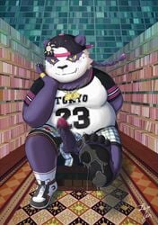 1boy 2020 absurd_res alp_(tokyo_afterschool_summoners) anthro balls bodily_fluids bottomwear censored clothing cum cum_on_feet fur genital_fluids giant_panda hat headgear headwear hi_res humanoid_penis lexer male male_only mammal overweight overweight_male penis purple_body purple_fur shirt shorts sitting solo tokyo_afterschool_summoners topwear ursid video_games white_body white_fur