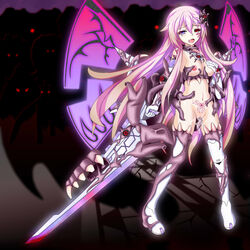 artist_request barcode barcode_tattoo bare_shoulders blood blue_eyes blush boots bottomless breasts brown_hair censored cleavage compile_heart corruption dark elbow_gloves female gloves gradient_background gradient_hair hair_ornament heterochromia idea_factory living_clothes long_hair looking_at_viewer monster nepgear neptunia_(series) nipples open_mouth pink_hair purple_sister pussy red_eyes ringed_eyes saliva shiny shiny_skin slime smile solo sword tattoo tears tentacle thigh_boots tongue vaginal_penetration very_long_hair weapon wings