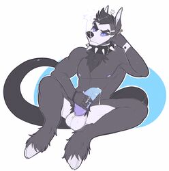 1boy anthro balls big_penis black_fur black_hair blue_eyes blue_penis canine chest_tuft cigarette collar dominate_(artist) fur hair hooves male male_only mammal masturbation nipples nude penis precum pubes ring sitting smoke smoking solo spiked_collar thumb_ring tuft