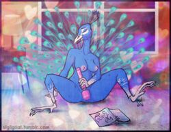 2015 anthro avian bird book breasts claws closed_eyes digitigrade eyelashes feathers female fifty_shades_of_grey_(franchise) heart inside masturbation nude open_mouth peafowl sex_toy sigil sitting solo vibrator watermark wide_hips