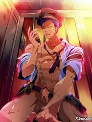 1boy aomine_daiki cum gay kirosaki kuroko_no_basuke looking_at_viewer male male_only penis police police_hat police_uniform pov power_bottom straddling yaoi