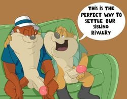 anthro armchair balls big_penis brother brothers chair clothed clothing dialogue drew_(taz-mania) duo hugh_(taz-mania) legwear looney_tunes male male_only mammal marsupial masturbation maychin parent penis sibling smile socks tasmanian_devil taz-mania warner_brothers