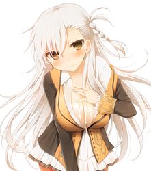 1girls blush breasts cleavage cum cum_on_body cum_on_breasts cum_on_upper_body fate/grand_order fate_(series) female female_only kujiran looking_at_viewer olga_marie_animusphere solo white_hair yellow_eyes