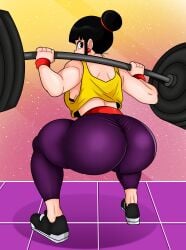 1girls ass barbell big_ass black_eyes black_hair bottomwear chichi dragon_ball ear_piercing earrings female female_only footwear full_body gym_clothes gym_uniform hair hair_bun huge_ass legs looking_back mature mature_female mature_woman milf mother pants purple_pants shoes solo solo_female sonson-sensei sports_bra sports_uniform sportswear squatting topwear weightlifting