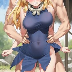 1boy 1girls ai_generated belly_button_visible_through_clothing blonde_hair blue_dress clenched_teeth clothed_sex darklust dr.stone dress female hands_on_waist holding_waist male outdoors ruri_(dr.stone) sex sex_from_behind standing_sex