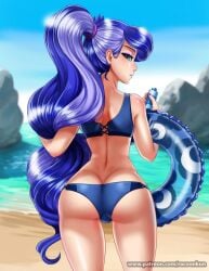 ass ass_crack beach bikini blue_bikini blue_hair butt_crack day female from_behind green_eyes holding long_hair ocean sky solo swimsuit very_long_hair