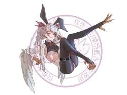 absurdres animal_ears bird_ears bird_legs bird_tail bow bowtie breasts claws commentary_request condom feathered_wings feathers female genkyopainting harpy highres holding holding_condom large_breasts looking_at_viewer monster_girl nipples open_mouth original pussy red_bow red_bowtie red_eyes reverse_bunnysuit reverse_outfit simple_background stirrup_legwear tail talons toeless_legwear used_condom white_background white_feathers white_hair white_wings winged_arms wings